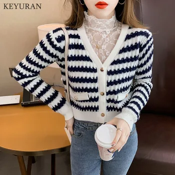 Cu Dungi Cardigan Scurt Femei Pulover Coreea Chic V Neck Slim Cu Maneca Lunga Butonul De Tricotat De Sus A Culturilor De Primăvară De Toamnă 2021 Moda
