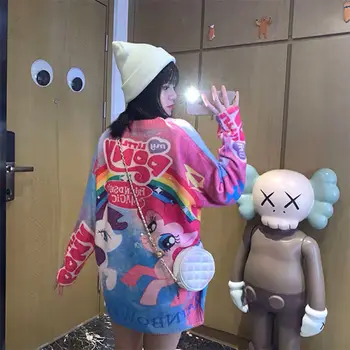 Harajuku Nurca Catifea Unicorn de Colorat Pulover Femei Tricotate Toamna și Iarna Moda coreeană Liber Leneș Pulover Pulover Haina